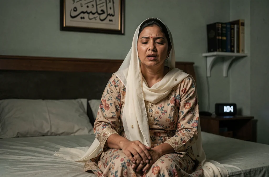 Femme musulmane récitant des versets du Coran le soir assise sur son lit avant de s'endormir