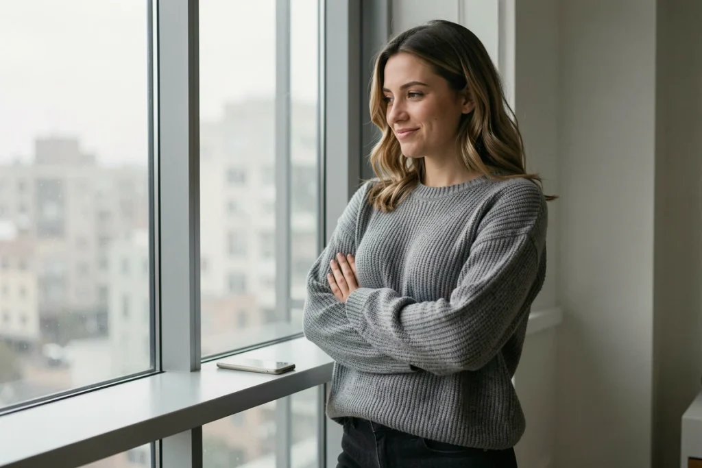Jeune femme regardant son téléphone avec un sourire hésitant, debout près d'une fenêtre dans un appartement moderne