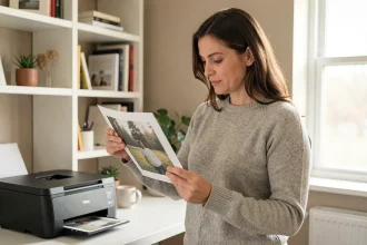Femme examinant un tirage photo sorti d'une imprimante photo domestique posée sur un bureau de bureau à domicile