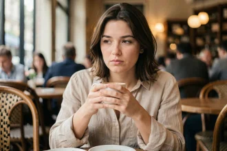Femme pensive attablée dans un café, regard perdu dans ses pensées, exprimant une émotion intérieure trouble