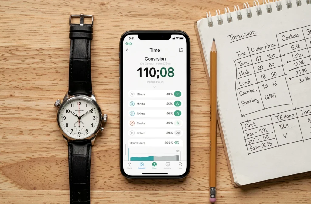 Vue aérienne d'un smartphone avec application de conversion minutes heures centièmes, montre et carnet de notes sur bureau en bois