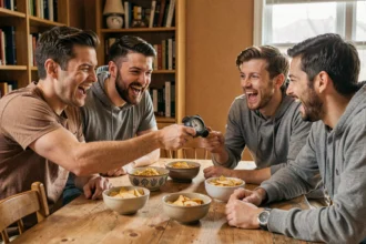 Groupe d'adultes jouant au jeu de la bombe autour d'une table en bois, expressions de panique amusée lors du passage du minuteur