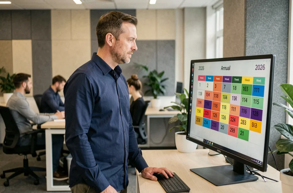 Homme au bureau consultant un calendrier numérique 2026 avec semaines numérotées en couleur