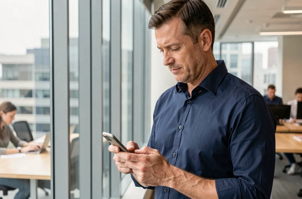 Homme en bureau consultant les paramètres de photo de profil WhatsApp sur son téléphone