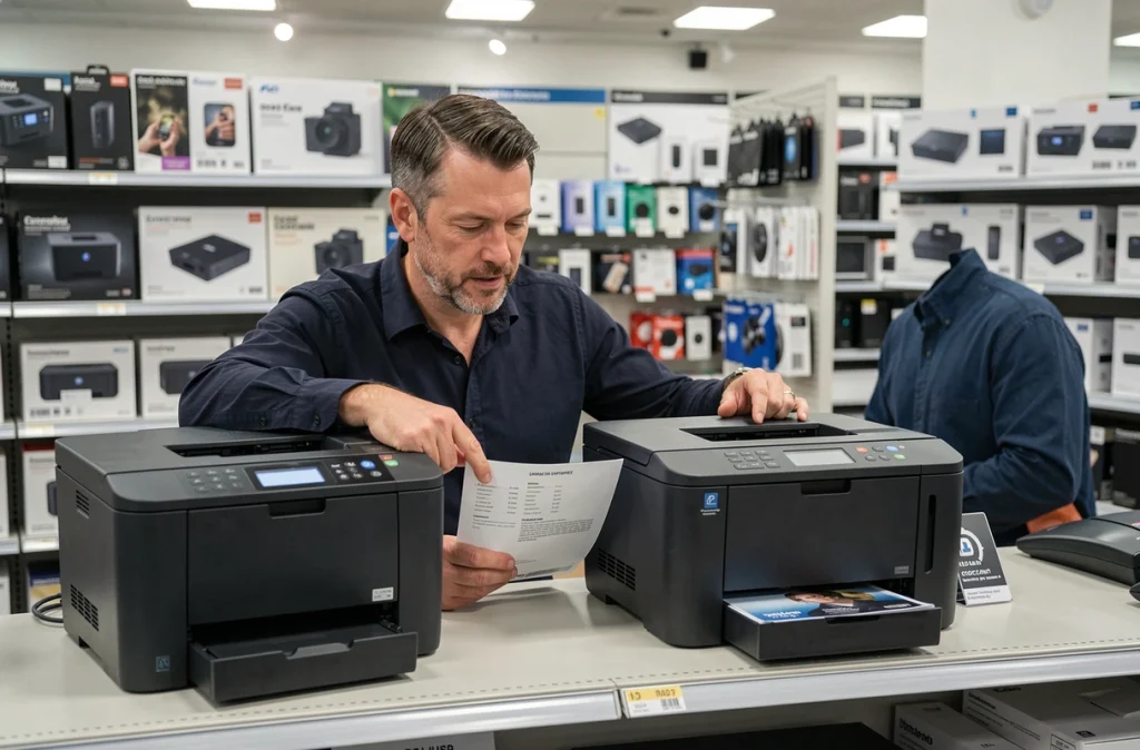 Homme comparant deux imprimantes photo dans un magasin d'électronique en consultant une fiche technique sur le coût par tirage