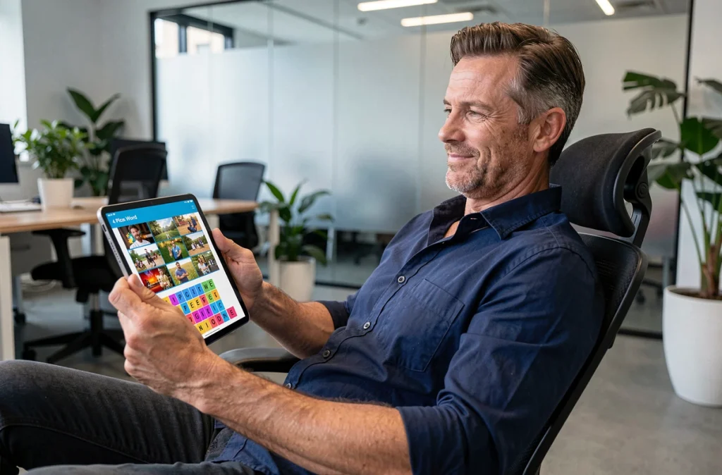 Homme consultant les solutions de 4 Images 1 Mot sur tablette pendant une pause au bureau
