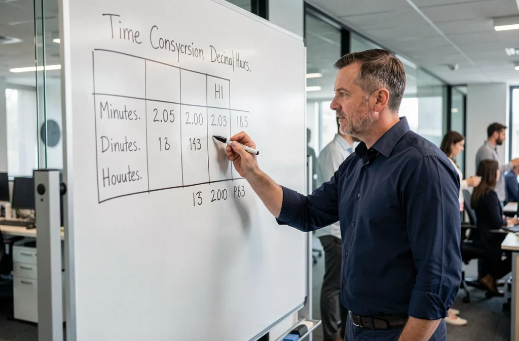 Homme expliquant la conversion heures centièmes sur un tableau blanc dans un bureau moderne