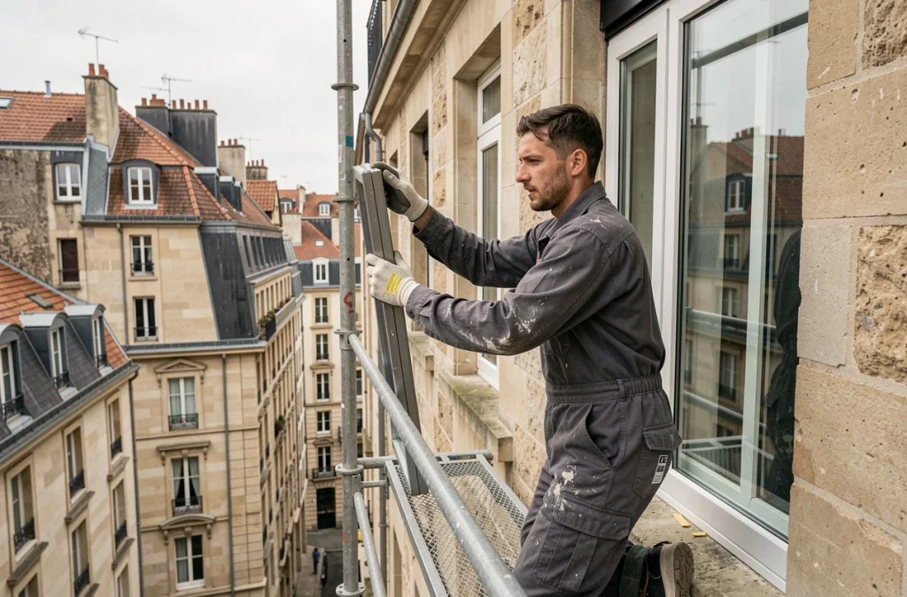 Technicien installant une fenêtre à triple vitrage sur la façade d'un immeuble ancien rénové en centre-ville