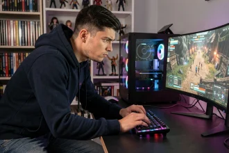 Joueur adulte concentré devant un PC gaming avec interface de jeu Aeonscope visible sur écran
