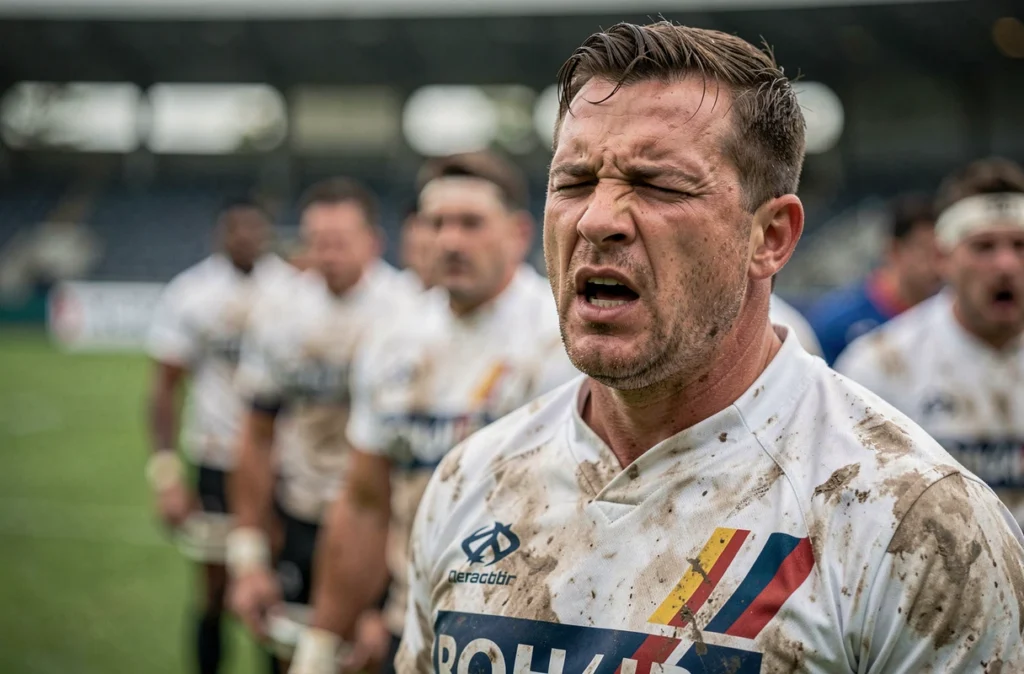 Joueur de rugby chantant La Marseillaise avant le match, portrait expressif en gros plan sur le terrain