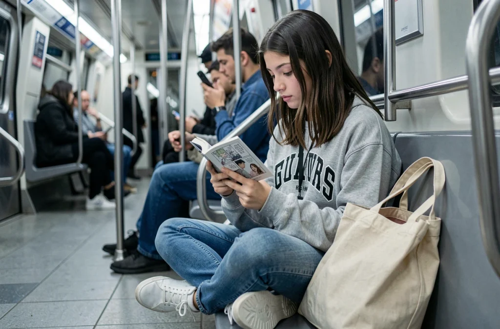Adolescente lisant des scans One Piece en avance sur smartphone dans le métro pendant son trajet quotidien