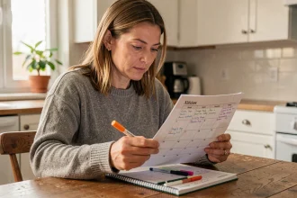 Mère séparée consultant un calendrier de garde alternée semaine paire impaire à la table de cuisine