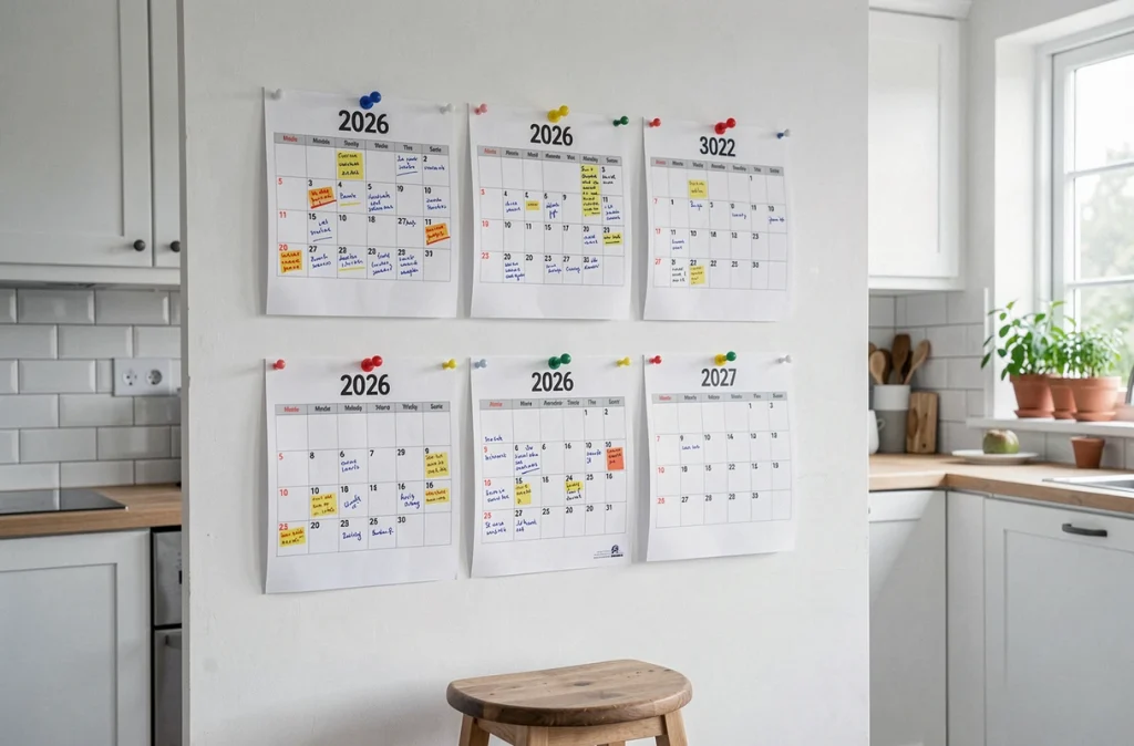 Calendriers mensuels 2026 imprimés et épinglés au mur d'une cuisine scandinave moderne avec annotations manuscrites