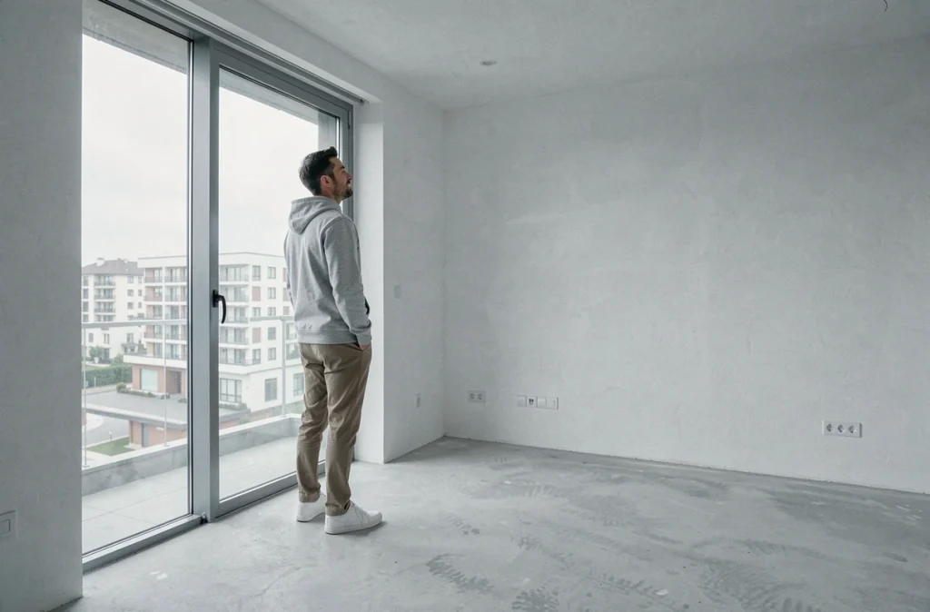 Jeune primo-accédant dans un appartement neuf vide contemplant sa future résidence