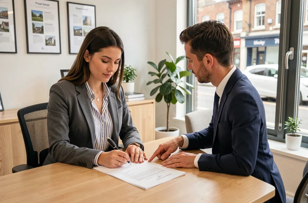 Femme primo-accédante signant un contrat d'achat immobilier dans une agence