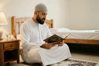 Homme musulman récitant le Coran avant de dormir assis sur un tapis de prière dans une chambre simple et paisible