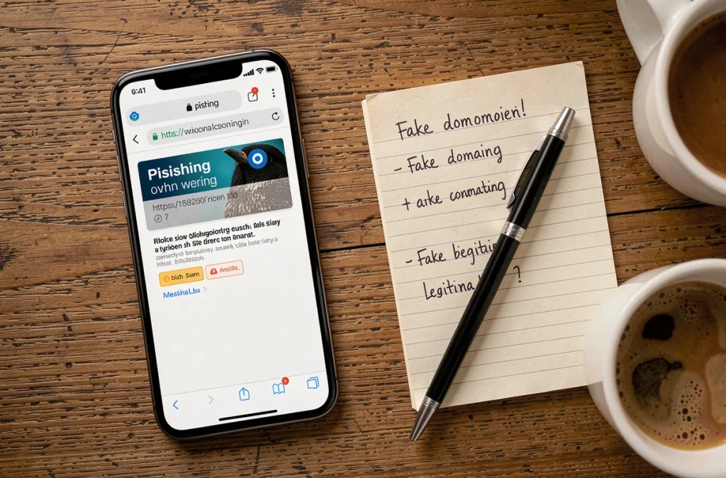 Vue aérienne d'un smartphone affichant un avertissement de phishing avec une URL douteuse, à côté d'un bloc-notes comparant un faux domaine et un site officiel