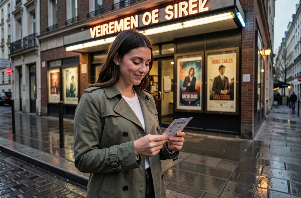 Jeune femme tenant un ticket de cinéma devant l'entrée d'une salle lors de la sortie du film Sous écrous