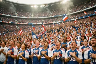 Supporters français en tribune chantant La Marseillaise lors d'un match de football, mains sur le cœur et drapeaux tricolores déployés