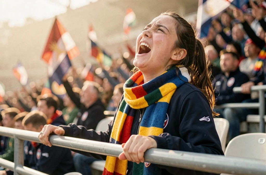 Jeune supportrice émue chantant La Marseillaise dans les tribunes d'un stade sportif, larmes aux yeux et écharpe tricolore