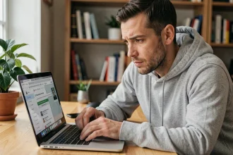 Un homme examine attentivement une URL suspecte dans la barre d'adresse de son navigateur sur un ordinateur portable, illustrant la vérification d'un site web authentique