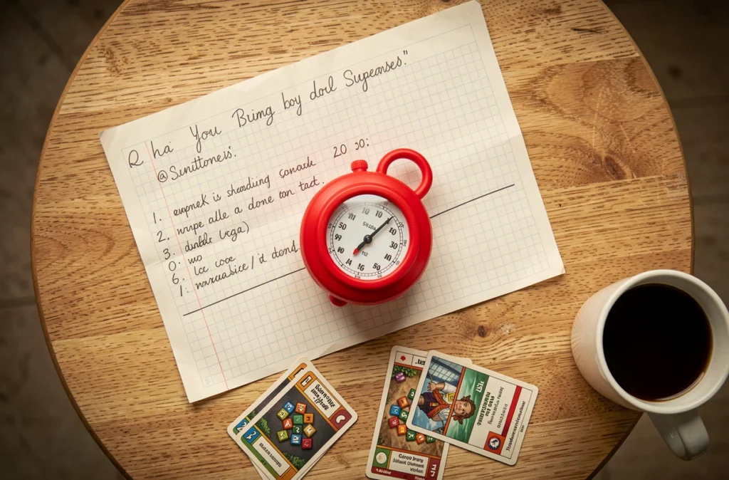 Vue aérienne d'une table de jeu avec minuteur bombe rouge, fiche de score manuscrite et cartes pour paramétrer une partie équilibrée