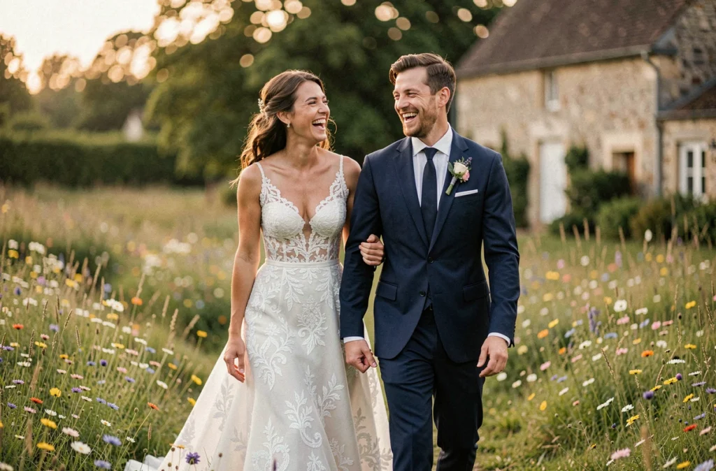 Couple de mariés heureux photographié dans la campagne du Nord pour A Perfect Day