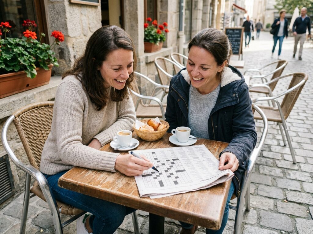 Deux amies attablées en terrasse de café collaborant joyeusement sur une grille de mots croisés partagée