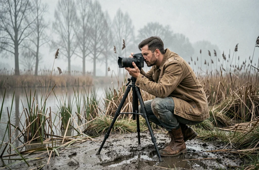 Photographe de Behind Mud Photography en séance dans un paysage naturel humide et brumeux du Nord