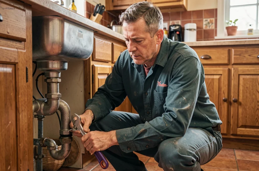 Artisan Enjolvy Plomberie serrant un siphon sous un évier dans une cuisine campagnarde