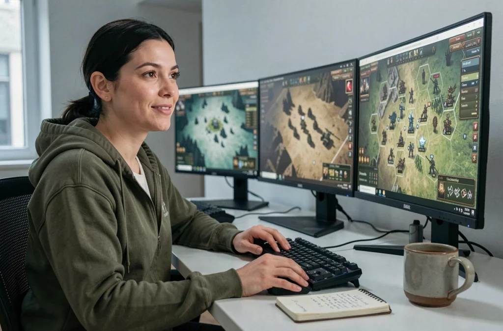Femme jouant seule à un jeu de stratégie de guerre en mode solo sur ordinateur avec double écran