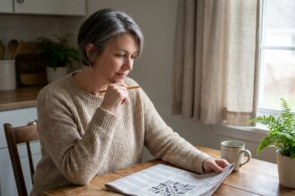 Femme sereine remplissant une grille de mots croisés dans un journal posé sur une table en bois avec une tasse de café