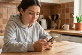 Jeune femme envoyant un SMS anonyme depuis son smartphone dans une cuisine moderne