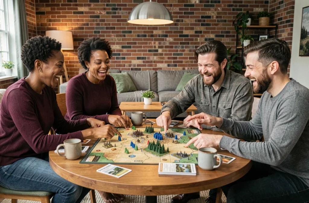 Groupe d'amis jouant ensemble à un jeu de stratégie et de guerre en équipe autour d'une table dans un salon