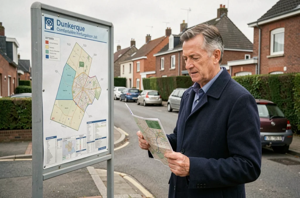 Homme consultant un panneau de carte des quartiers et codes postaux dans une rue résidentielle de Dunkerque