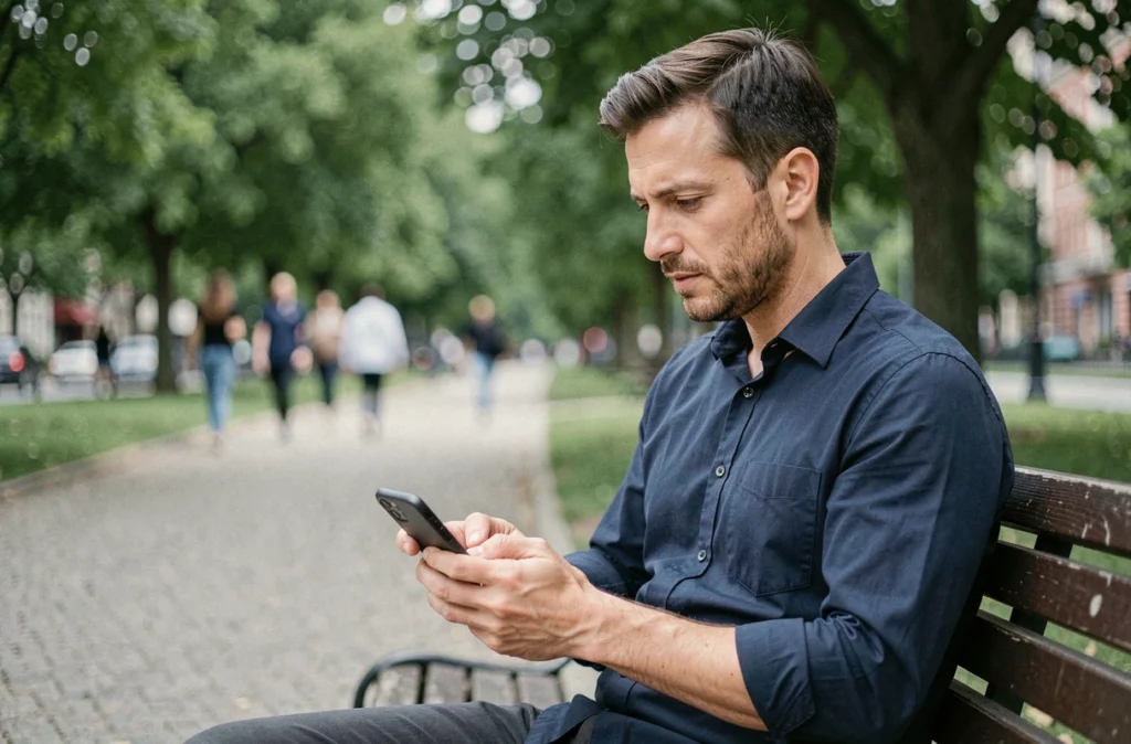 Homme consultant son téléphone discrètement dans un parc urbain pour envoyer un message anonyme