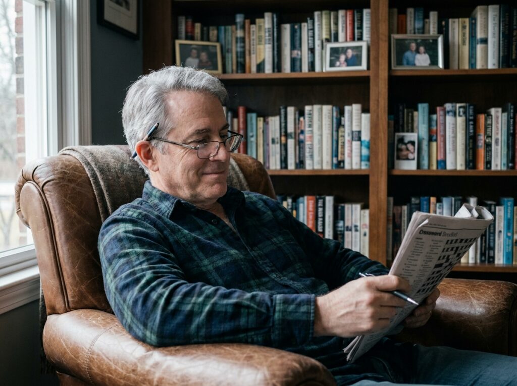 Homme âgé souriant en train de résoudre un livre de mots croisés dans un fauteuil en cuir entouré de bibliothèques