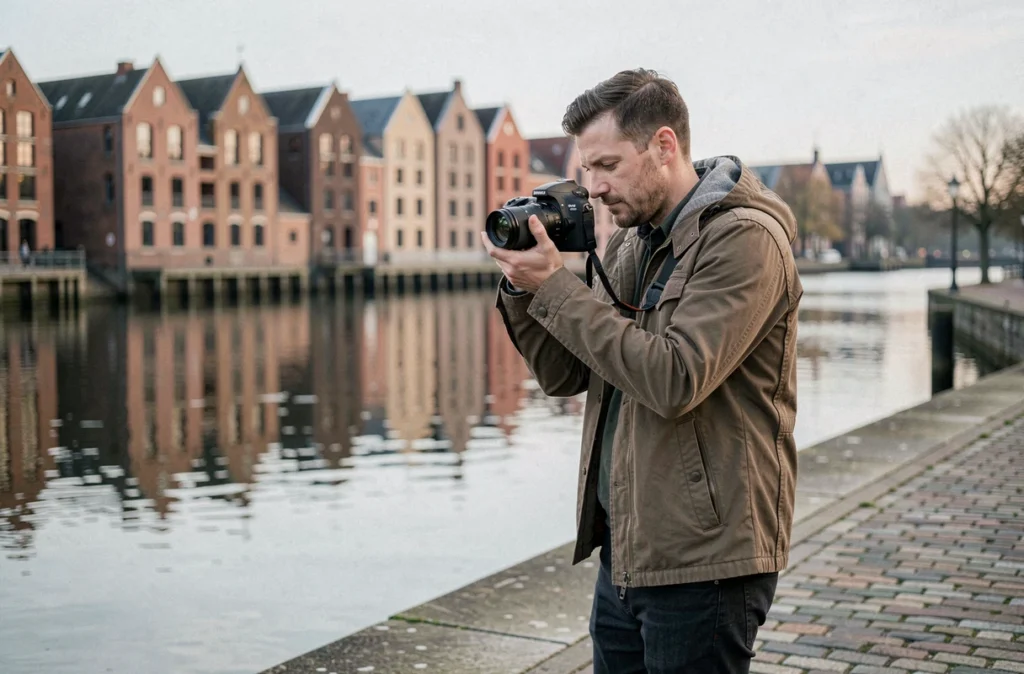 Jonathan photographe portrait au bord de la Deûle à Lille examinant ses clichés