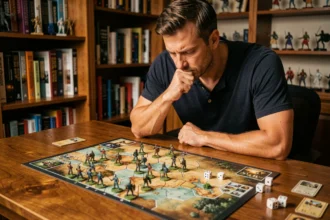 Joueur solo concentré sur un jeu de stratégie de guerre avec plateau et figurines militaires sur une table en bois