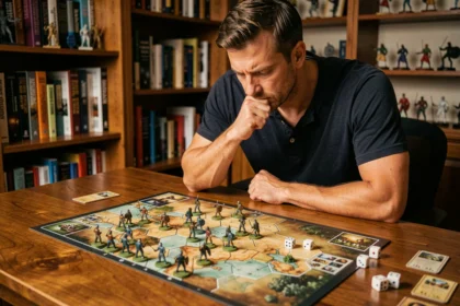 Joueur solo concentré sur un jeu de stratégie de guerre avec plateau et figurines militaires sur une table en bois