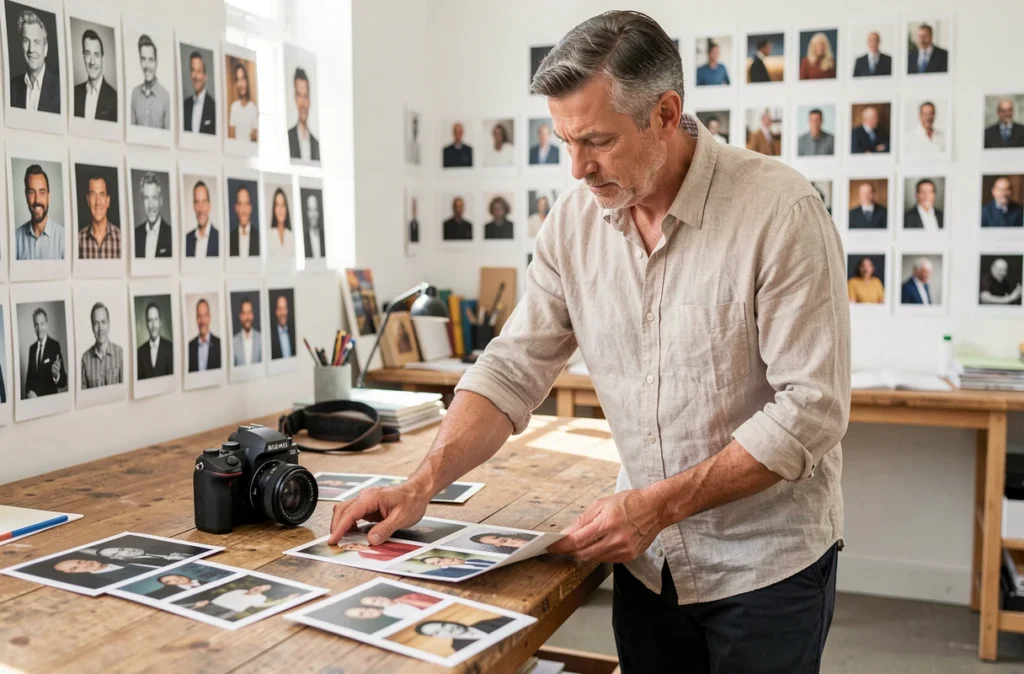 Photographe Louis Latouche dans son studio du Nord examinant des planches contact de portraits