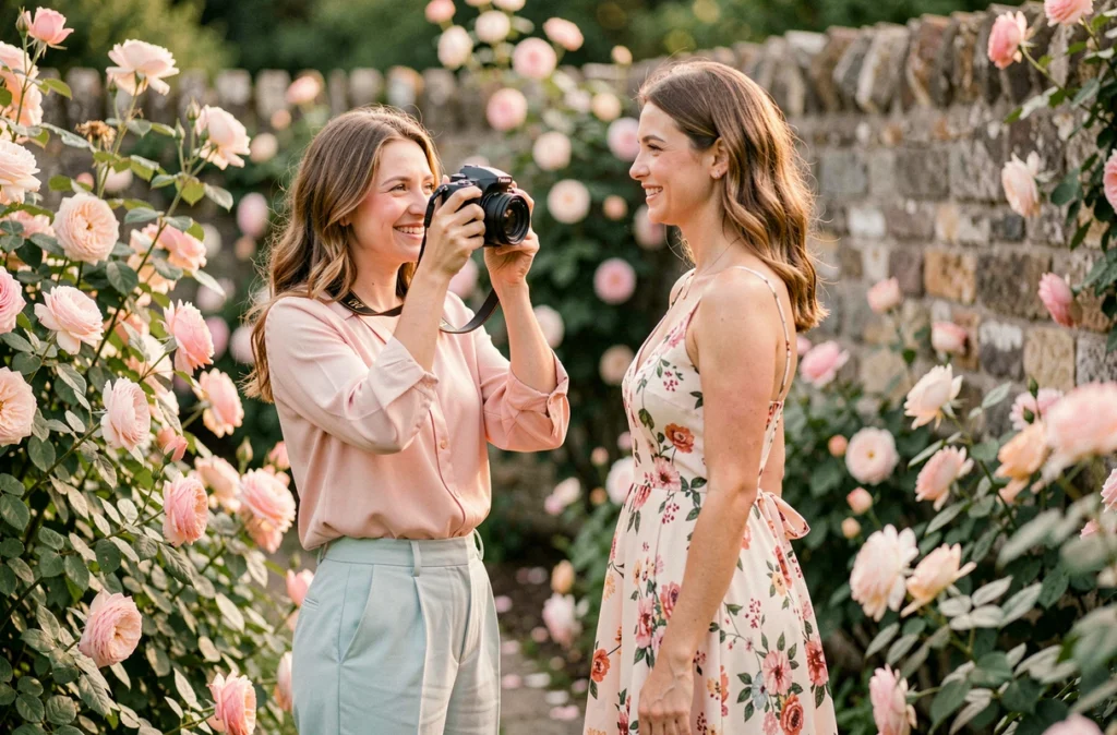 Maelys photographe en séance portrait en plein air dans un jardin fleuri du Nord