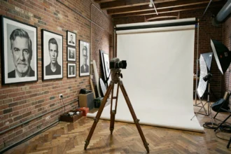 Studio de photographie portrait dans le Nord avec murs en brique et tirages encadrés en noir et blanc