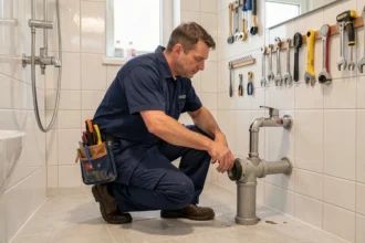 Plombier professionnel en uniforme bleu travaillant dans une salle de bain carrelée en Haute-Loire
