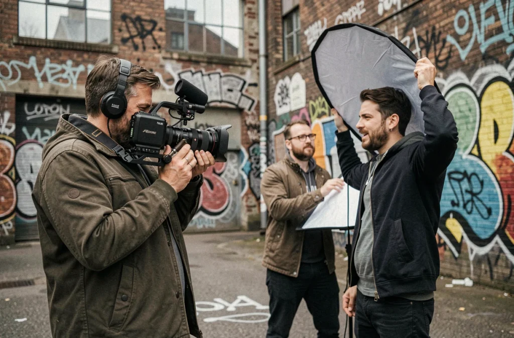 Équipe de Nomadic Prod en tournage dans un quartier industriel de Lille