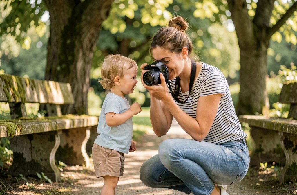 Photographe de L'Oeil de Jo en séance photo avec un enfant dans un jardin du Nord