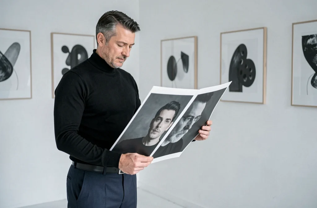 Pierre-Yves Rospabé photographe dans son studio épuré du Nord examinant un grand tirage portrait