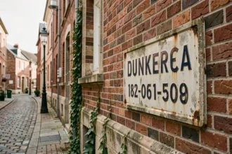 Plaque de rue en émail avec code postal dans un quartier de Dunkerque sur façade de briques flamandes