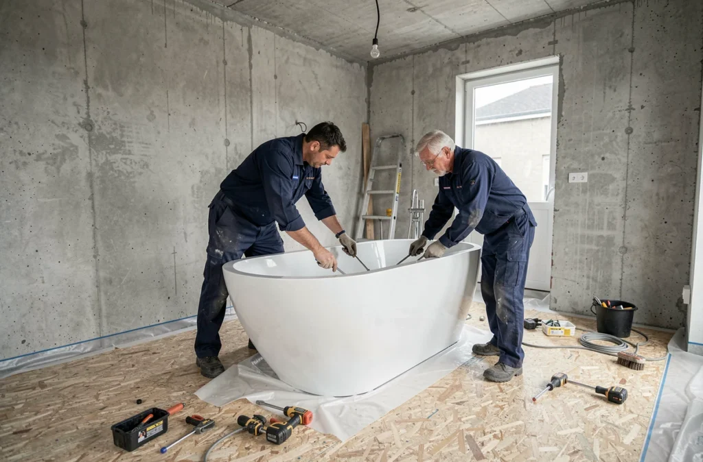 Deux plombiers SAS Music'O installant une baignoire dans une salle de bain en chantier