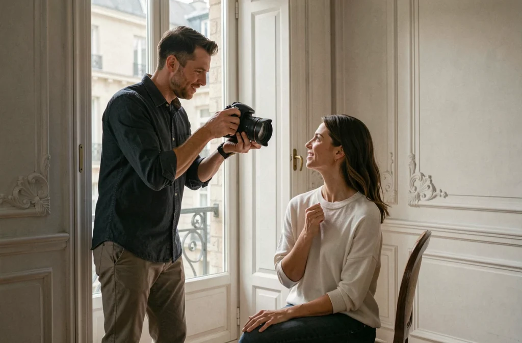 Sébastien photographe portrait à Lille préparant une séance dans un appartement haussmannien